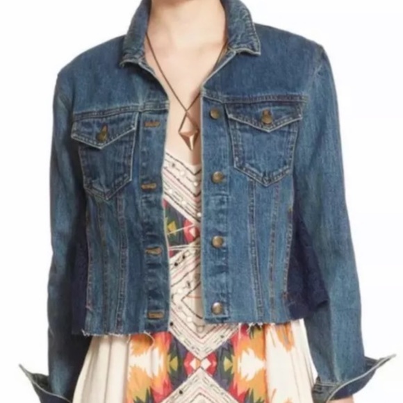 Free People Jean Jacket Denim Cropped Lace Insert Distressed Frayed Oversized S